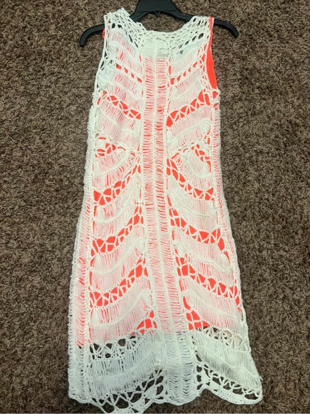 Crochet Overlay Beach Dress Cover-Up in White with Coral Lining